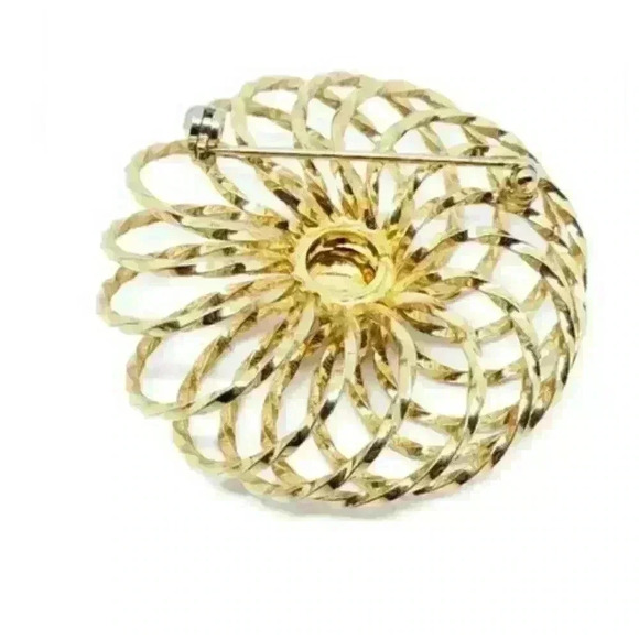 Vintage Brooch Twisted Round Puffy Caged Faux Pearl MCM 10k Gold Plated - Picture 5 of 10